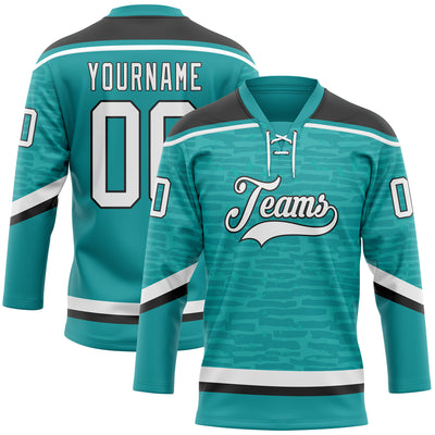 Custom Teal White-Black 3D Pattern Fragment Art Hockey Lace Neck Jersey