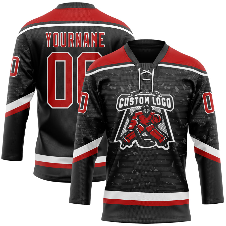 Custom Black Red-White 3D Pattern Fragment Art Hockey Lace Neck Jersey