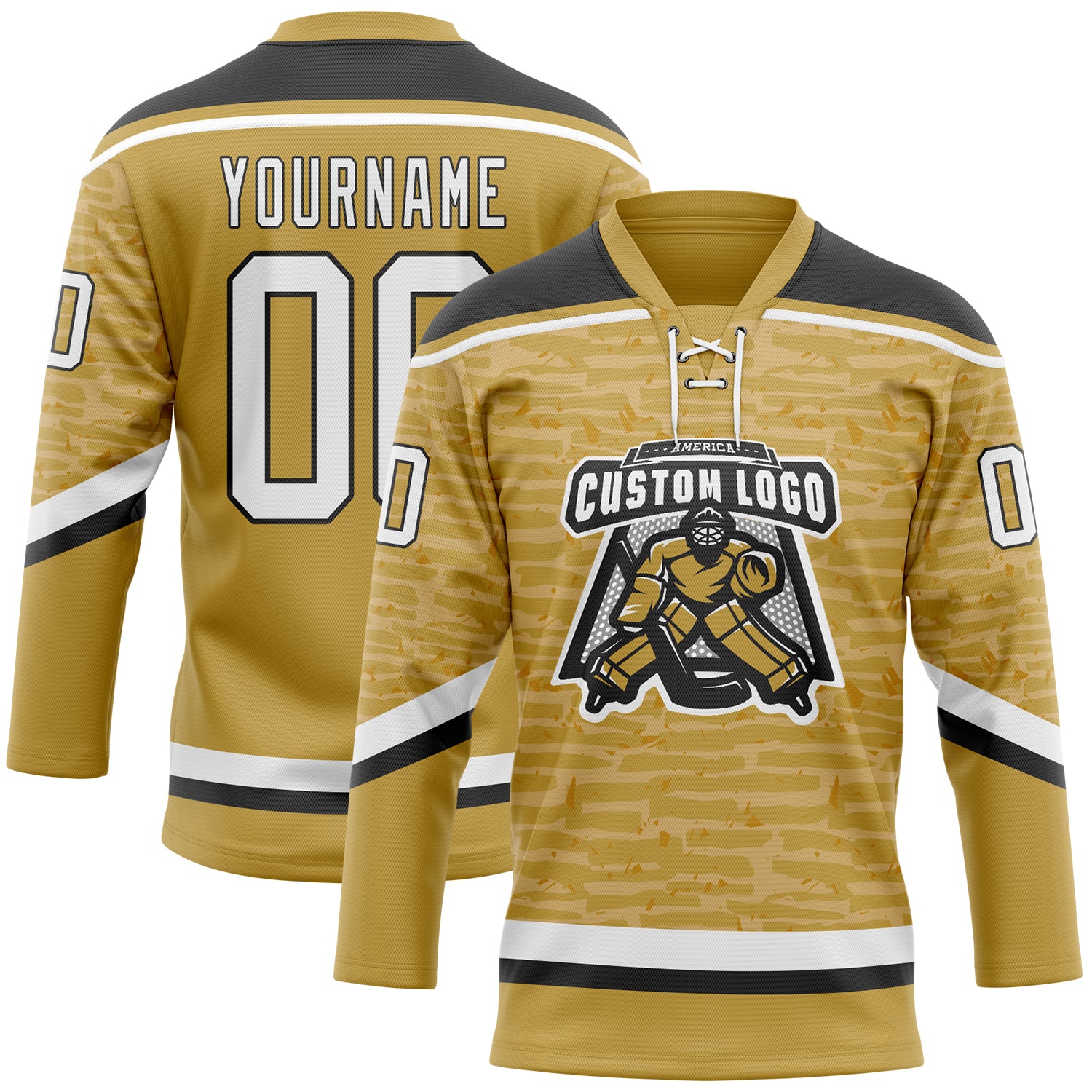 Custom Old Gold White-Black 3D Pattern Fragment Art Hockey Lace Neck Jersey