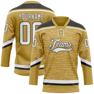 Custom Old Gold White-Black 3D Pattern Fragment Art Hockey Lace Neck Jersey