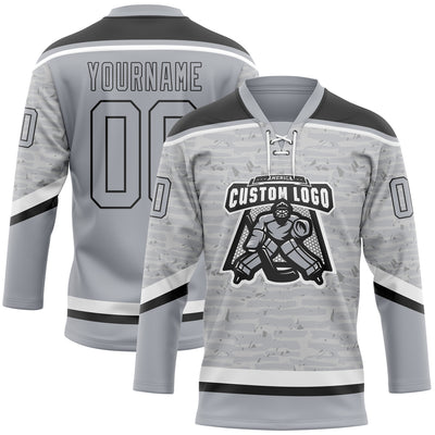 Custom Gray Black-White 3D Pattern Fragment Art Hockey Lace Neck Jersey