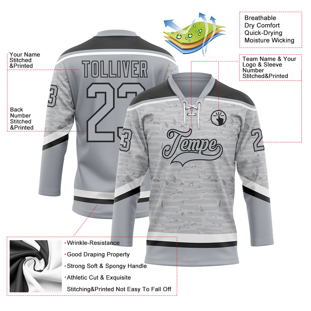 Custom Gray Black-White 3D Pattern Fragment Art Hockey Lace Neck Jersey
