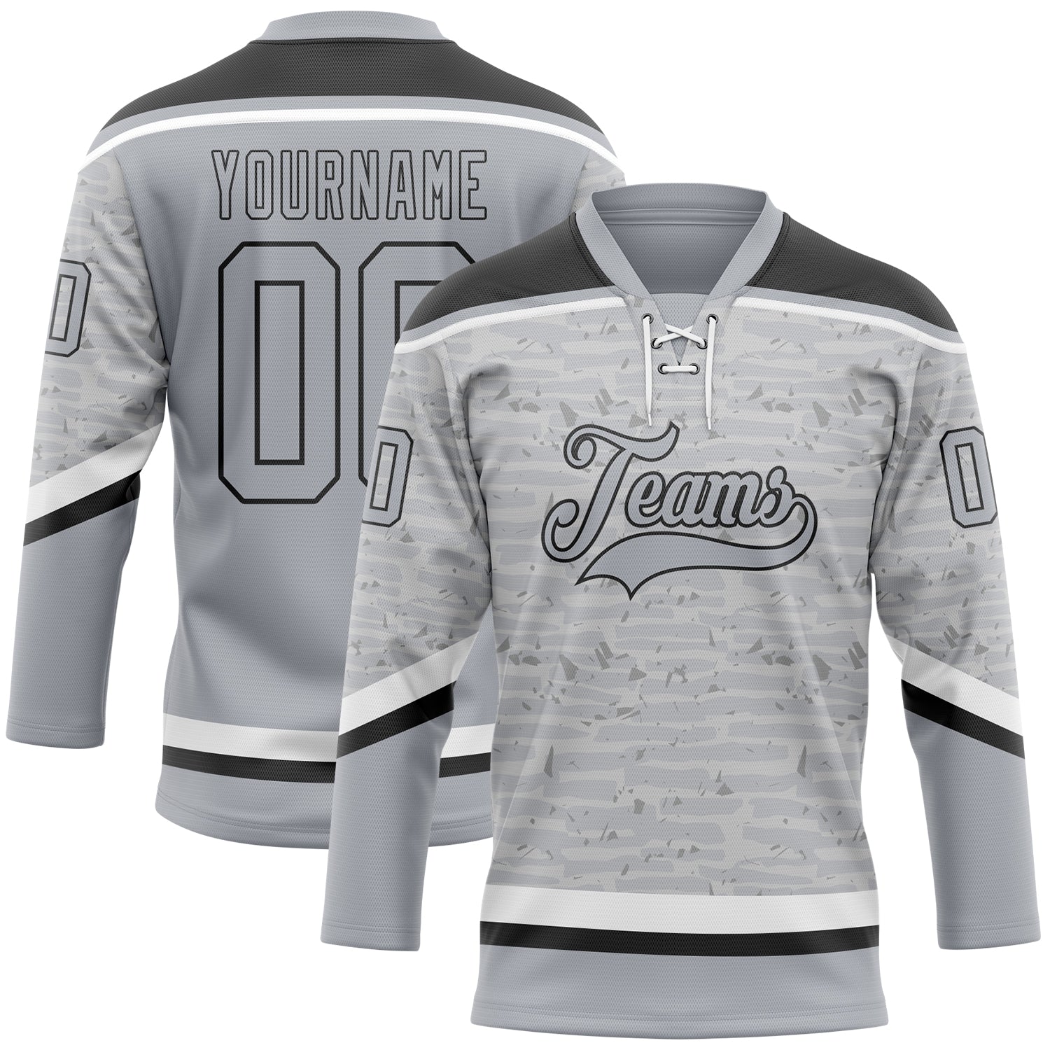 Custom Gray Black-White 3D Pattern Fragment Art Hockey Lace Neck Jersey