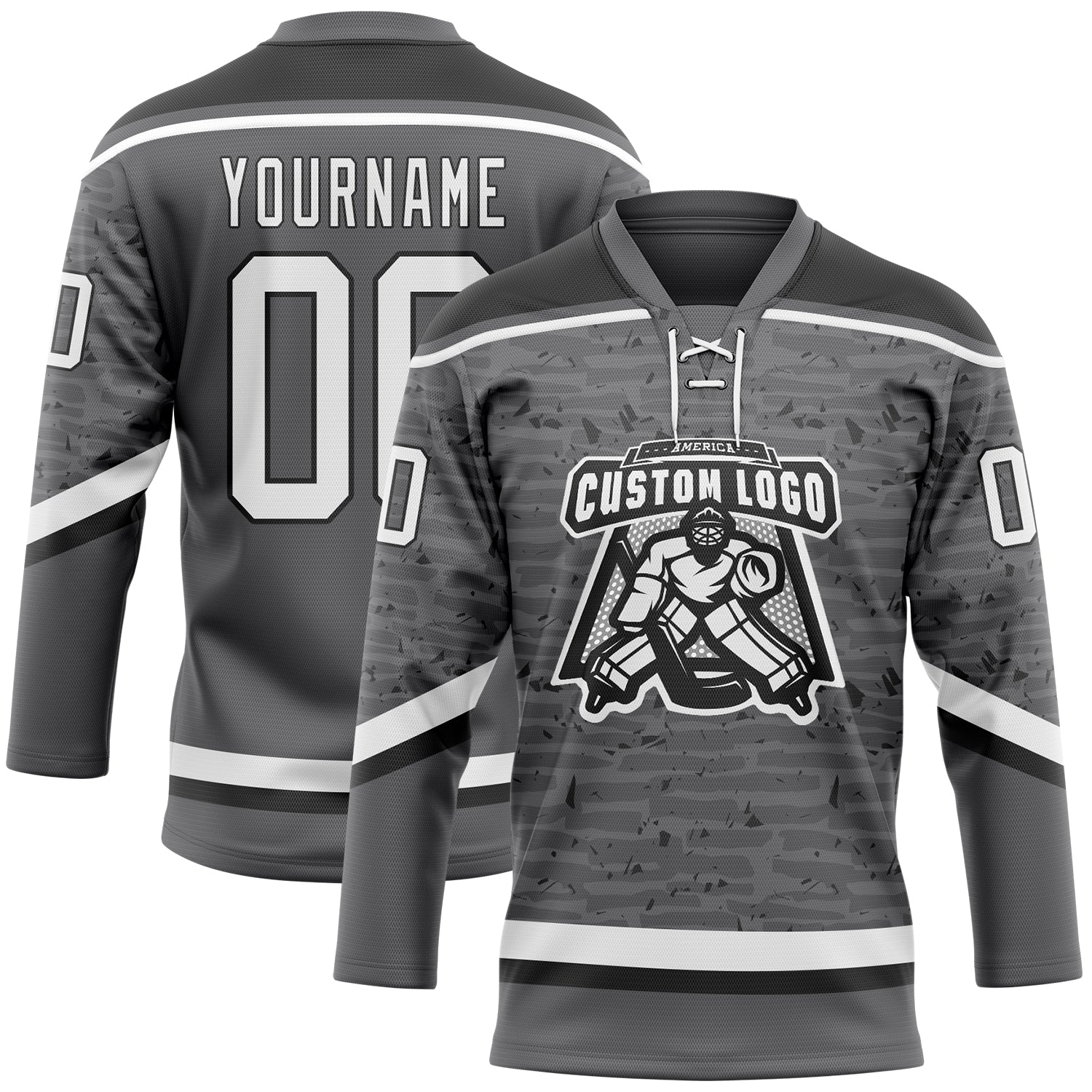 Custom Steel Gray White-Black 3D Pattern Fragment Art Hockey Lace Neck Jersey