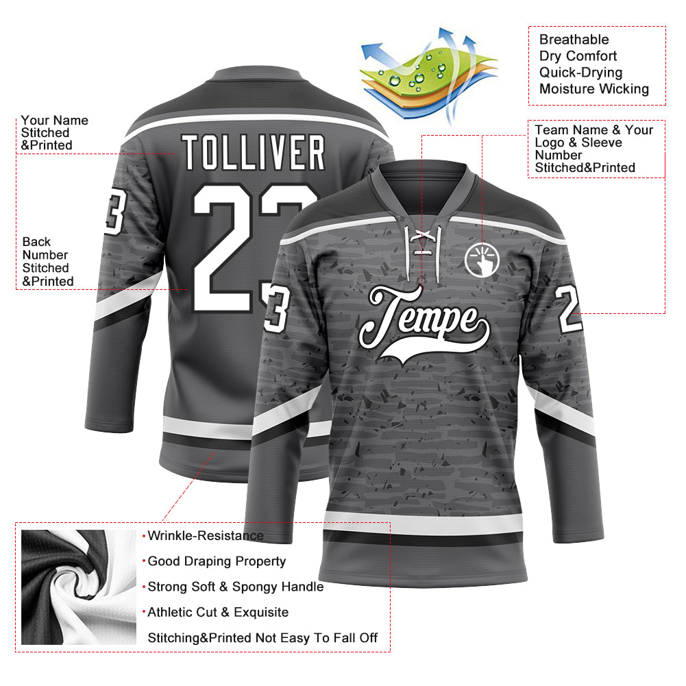 Custom Steel Gray White-Black 3D Pattern Fragment Art Hockey Lace Neck Jersey