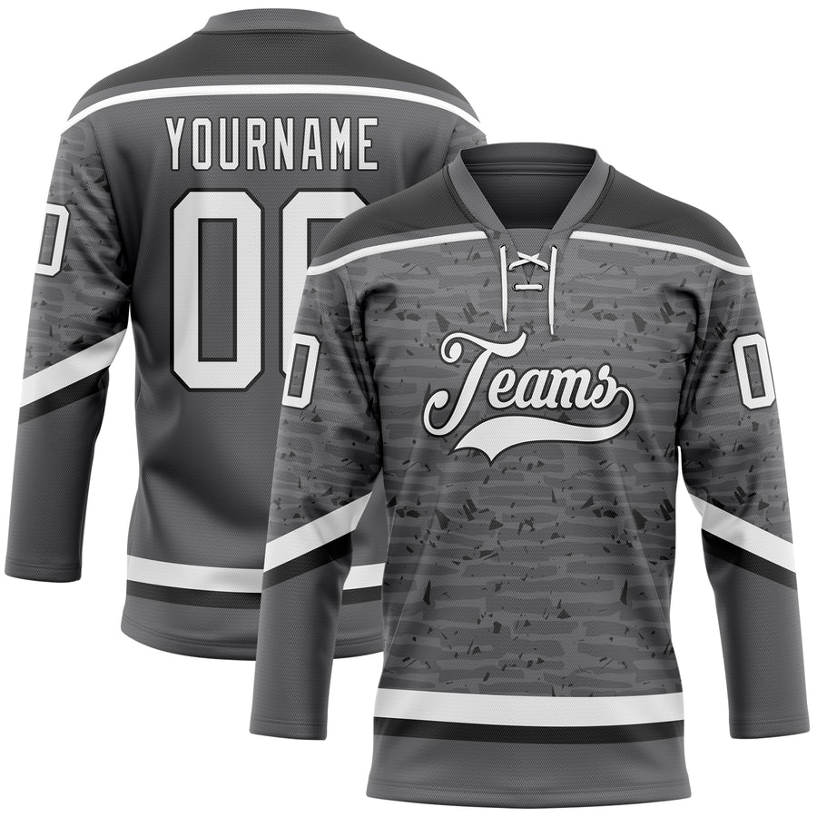 Custom Steel Gray White-Black 3D Pattern Fragment Art Hockey Lace Neck Jersey