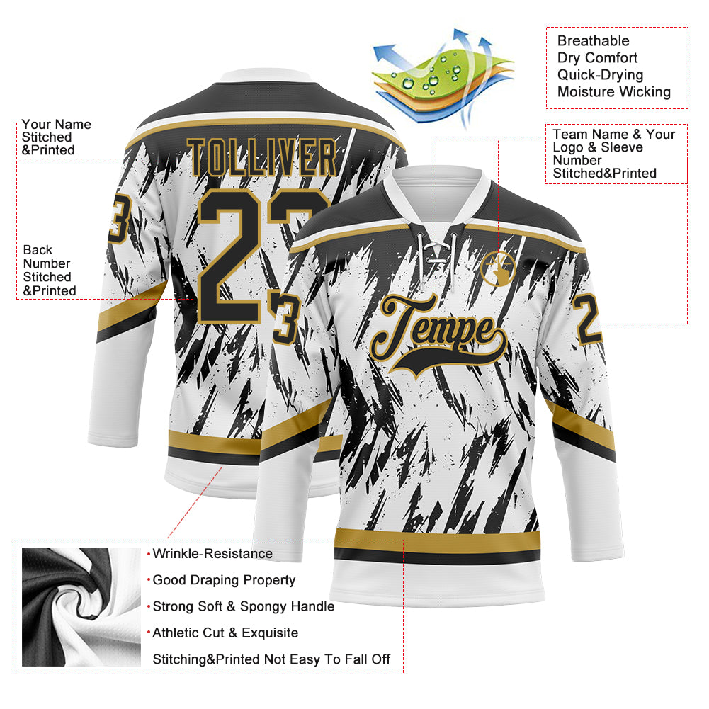 Custom White Black-Old Gold 3D Pattern Splash Art Hockey Lace Neck Jersey