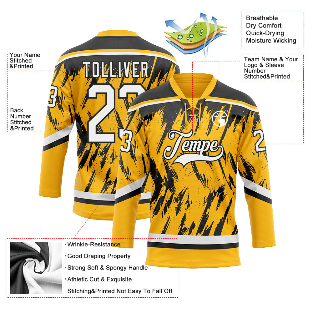 Custom Gold White-Black 3D Pattern Splash Art Hockey Lace Neck Jersey