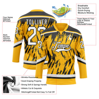 Custom Gold White-Black 3D Pattern Splash Art Hockey Lace Neck Jersey