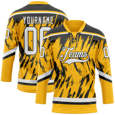 Custom Gold White-Black 3D Pattern Splash Art Hockey Lace Neck Jersey