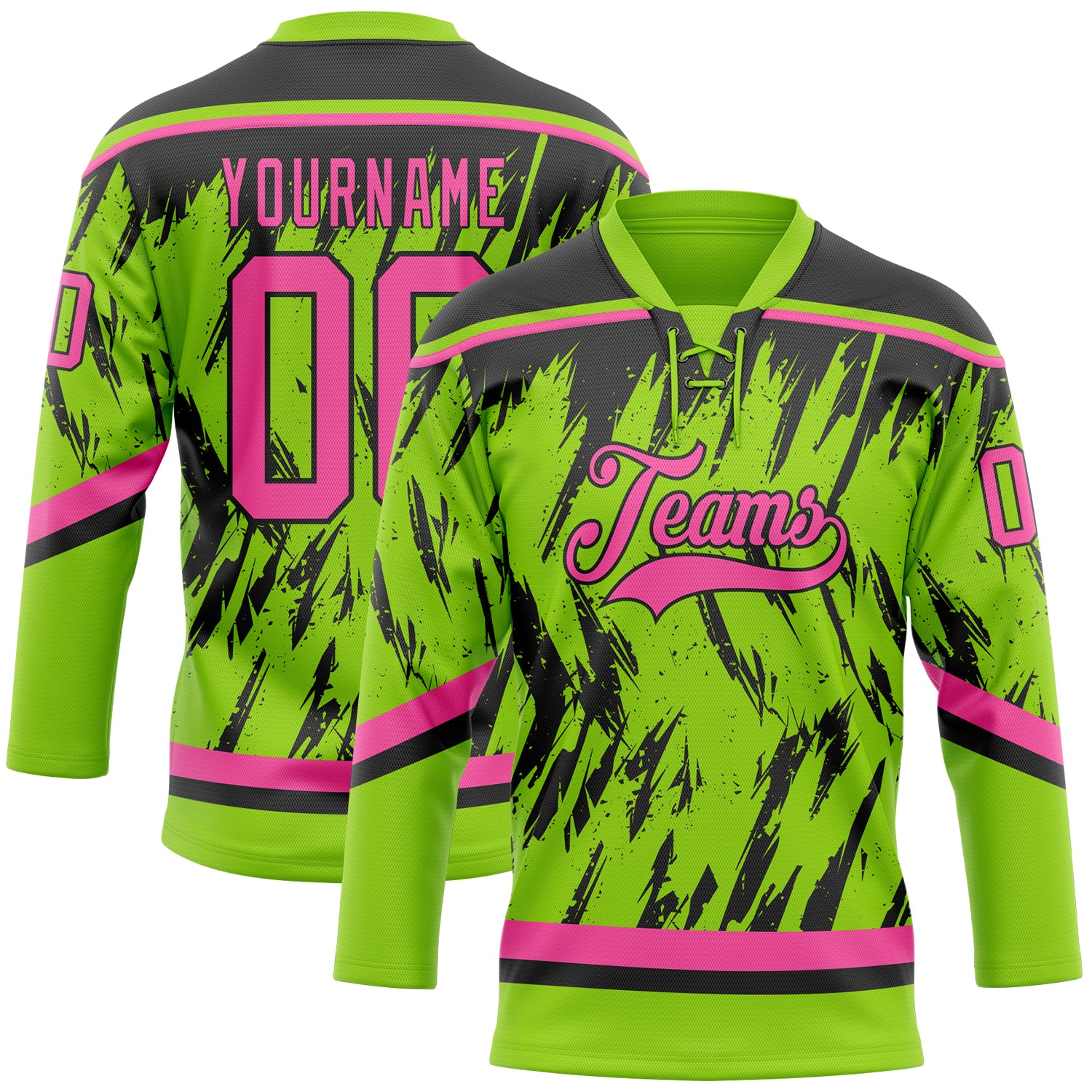 Custom Neon Green Pink-Black 3D Pattern Splash Art Hockey Lace Neck Jersey