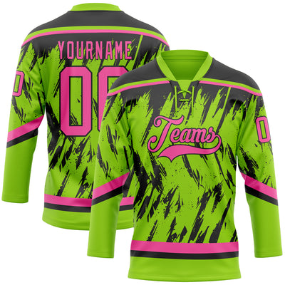 Custom Neon Green Pink-Black 3D Pattern Splash Art Hockey Lace Neck Jersey
