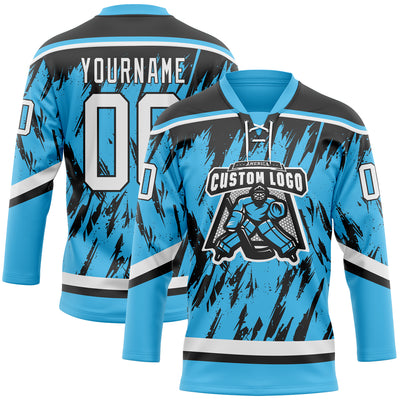 Custom Sky Blue White-Black 3D Pattern Splash Art Hockey Lace Neck Jersey