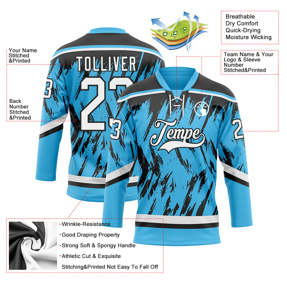 Custom Sky Blue White-Black 3D Pattern Splash Art Hockey Lace Neck Jersey