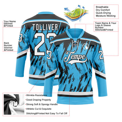 Custom Sky Blue White-Black 3D Pattern Splash Art Hockey Lace Neck Jersey