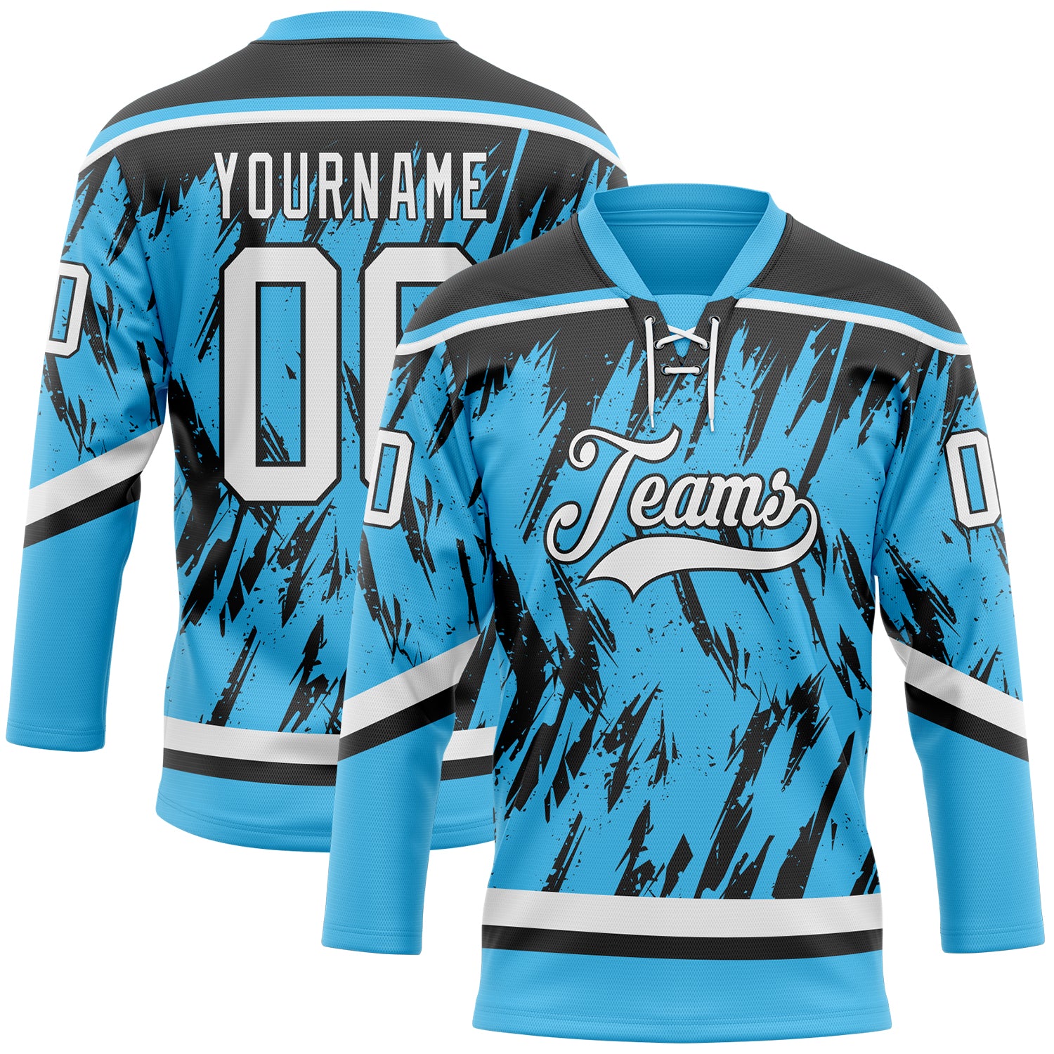 Custom Sky Blue White-Black 3D Pattern Splash Art Hockey Lace Neck Jersey