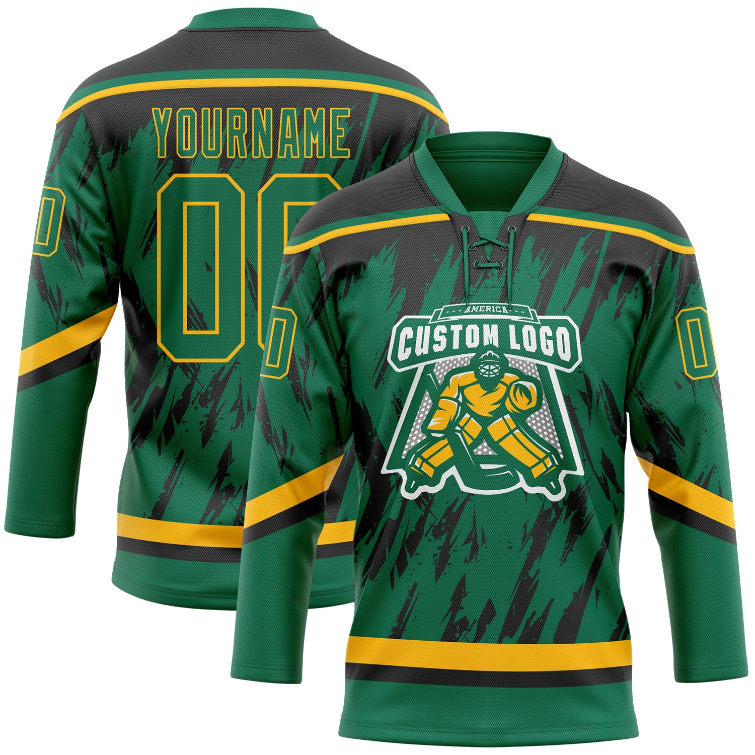 Custom Kelly Green Gold-Black 3D Pattern Splash Art Hockey Lace Neck Jersey