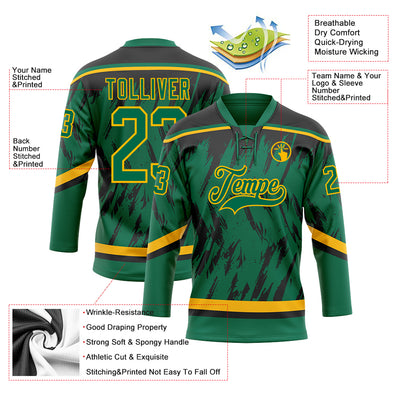 Custom Kelly Green Gold-Black 3D Pattern Splash Art Hockey Lace Neck Jersey