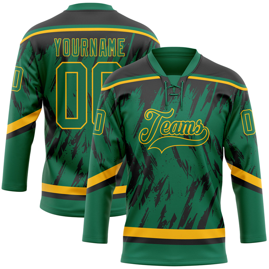 Custom Kelly Green Gold-Black 3D Pattern Splash Art Hockey Lace Neck Jersey