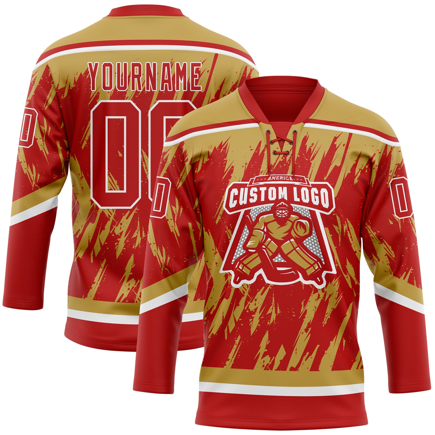 Custom Red Old Gold-White 3D Pattern Splash Art Hockey Lace Neck Jersey