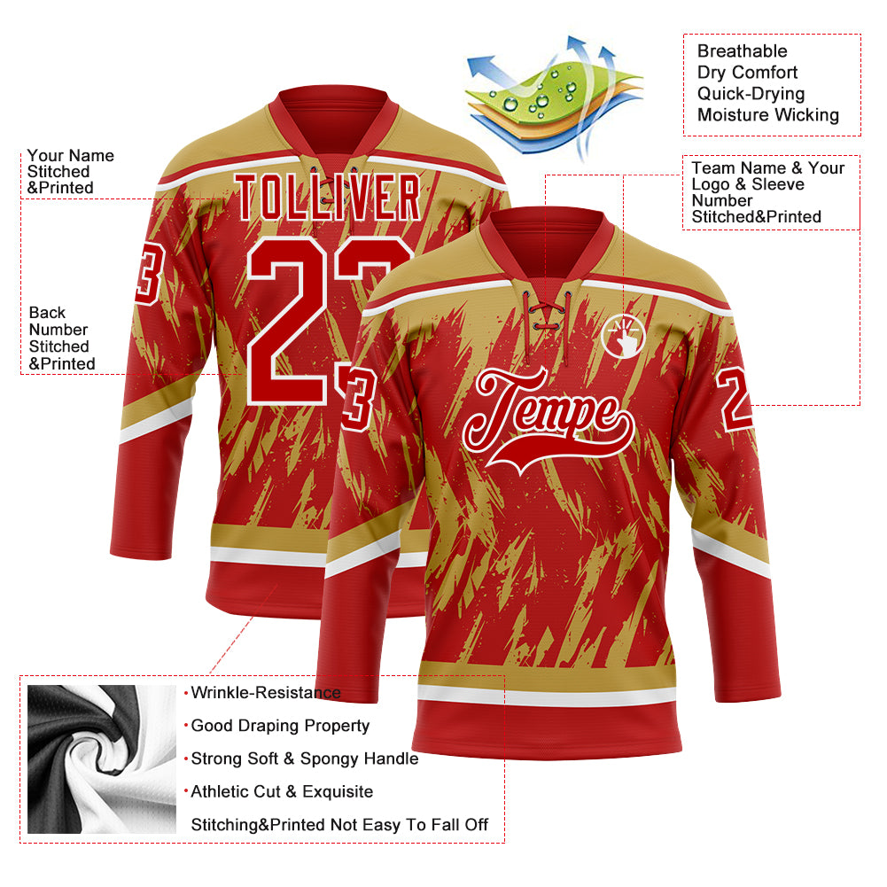 Custom Red Old Gold-White 3D Pattern Splash Art Hockey Lace Neck Jersey