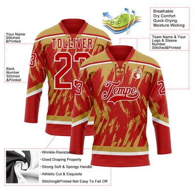 Custom Red Old Gold-White 3D Pattern Splash Art Hockey Lace Neck Jersey