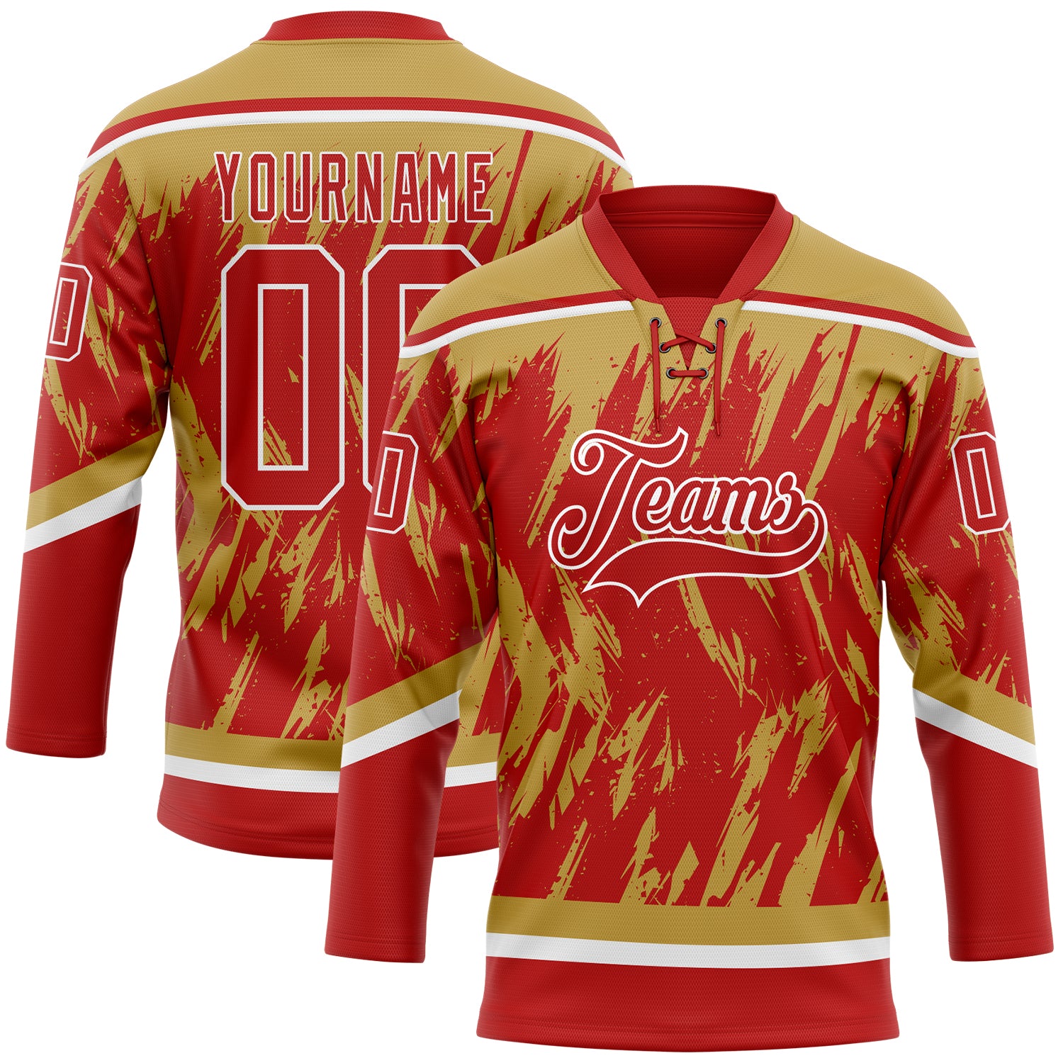 Custom Red Old Gold-White 3D Pattern Splash Art Hockey Lace Neck Jersey
