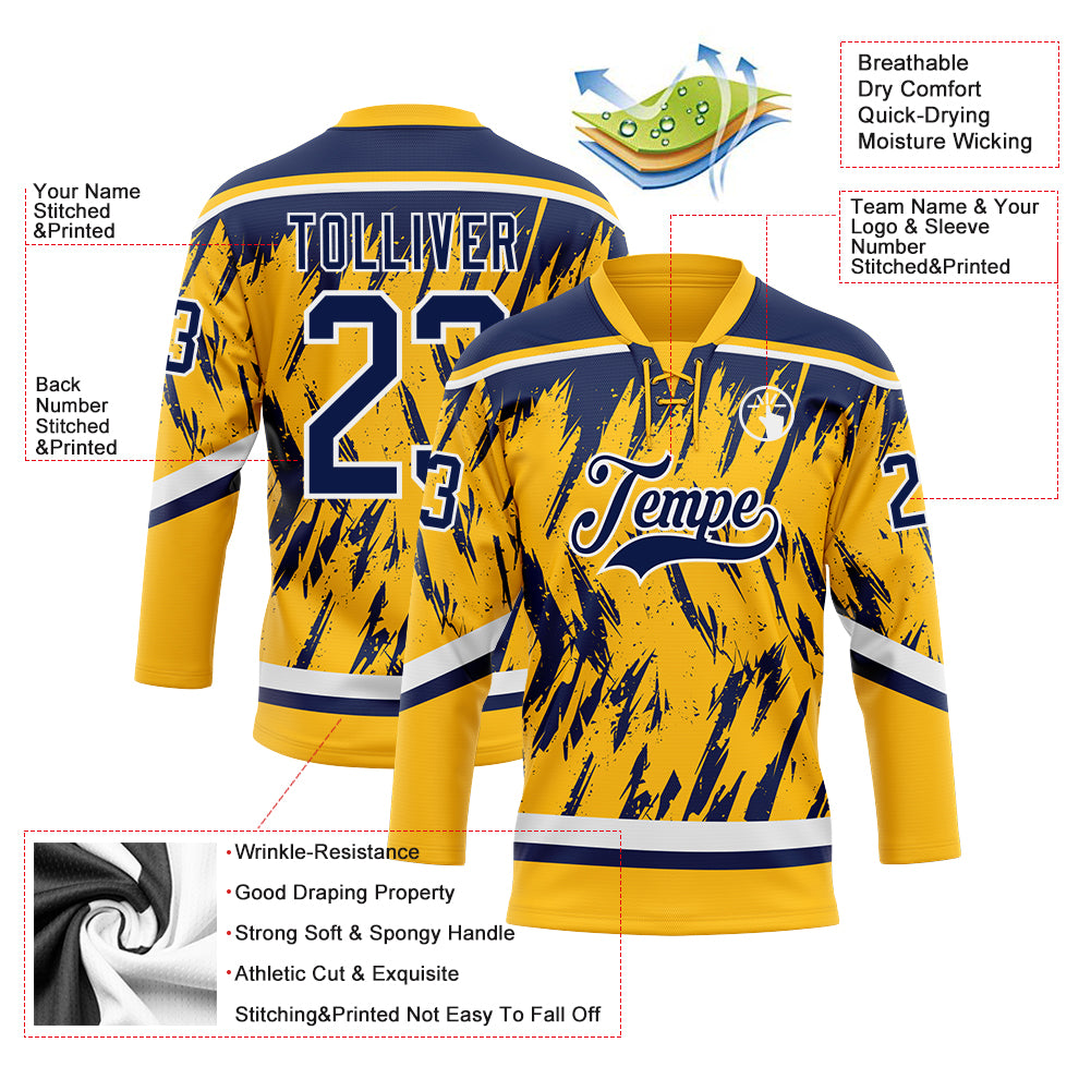 Custom Gold Navy-White 3D Pattern Splash Art Hockey Lace Neck Jersey