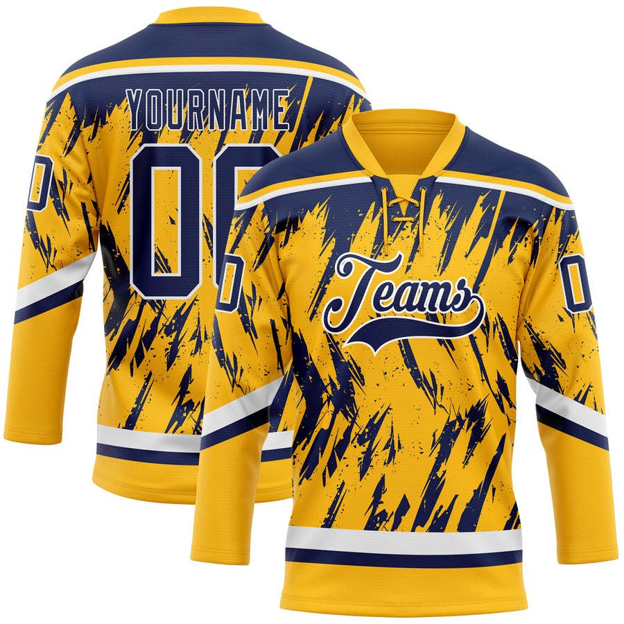 Custom Gold Navy-White 3D Pattern Splash Art Hockey Lace Neck Jersey
