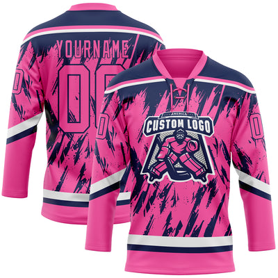 Custom Pink Navy-White 3D Pattern Splash Art Hockey Lace Neck Jersey