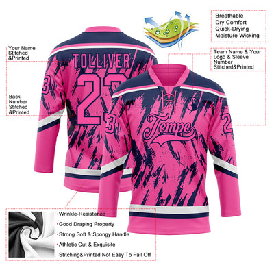 Custom Pink Navy-White 3D Pattern Splash Art Hockey Lace Neck Jersey