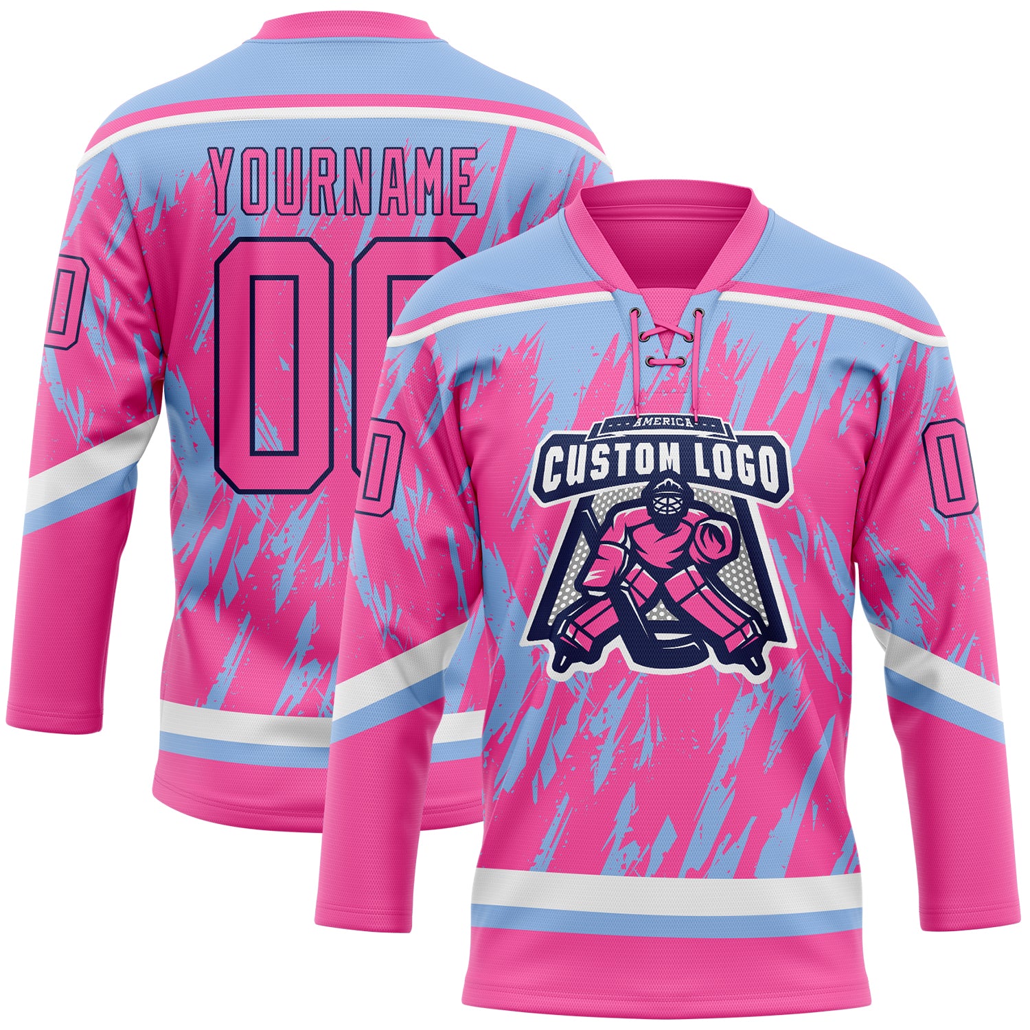 Custom Pink Light Blue Navy-White 3D Pattern Splash Art Hockey Lace Neck Jersey