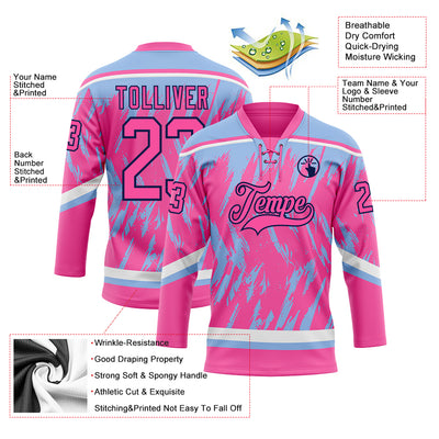 Custom Pink Light Blue Navy-White 3D Pattern Splash Art Hockey Lace Neck Jersey