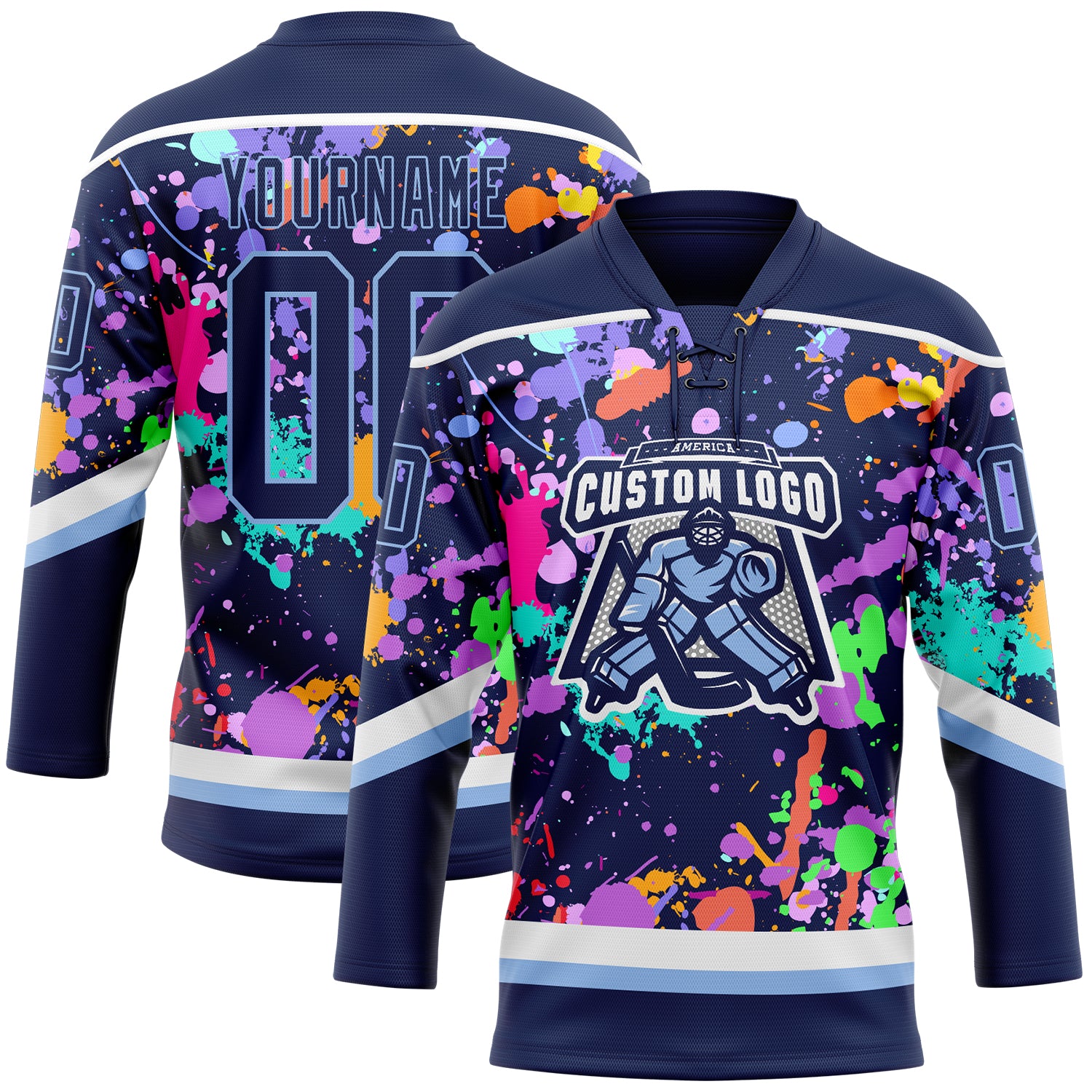 Custom Graffiti Pattern Navy Light Blue-White 3D Pattern Splash Art Hockey Lace Neck Jersey