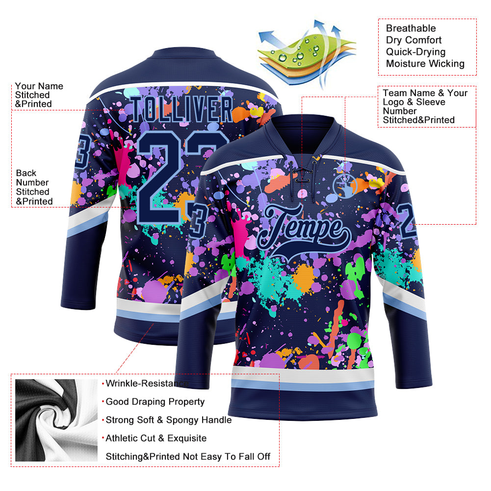 Custom Graffiti Pattern Navy Light Blue-White 3D Pattern Splash Art Hockey Lace Neck Jersey
