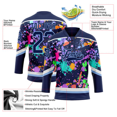 Custom Graffiti Pattern Navy Light Blue-White 3D Pattern Splash Art Hockey Lace Neck Jersey