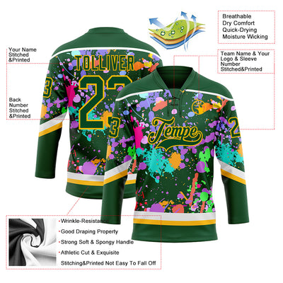 Custom Graffiti Pattern Green Gold-White 3D Pattern Splash Art Hockey Lace Neck Jersey