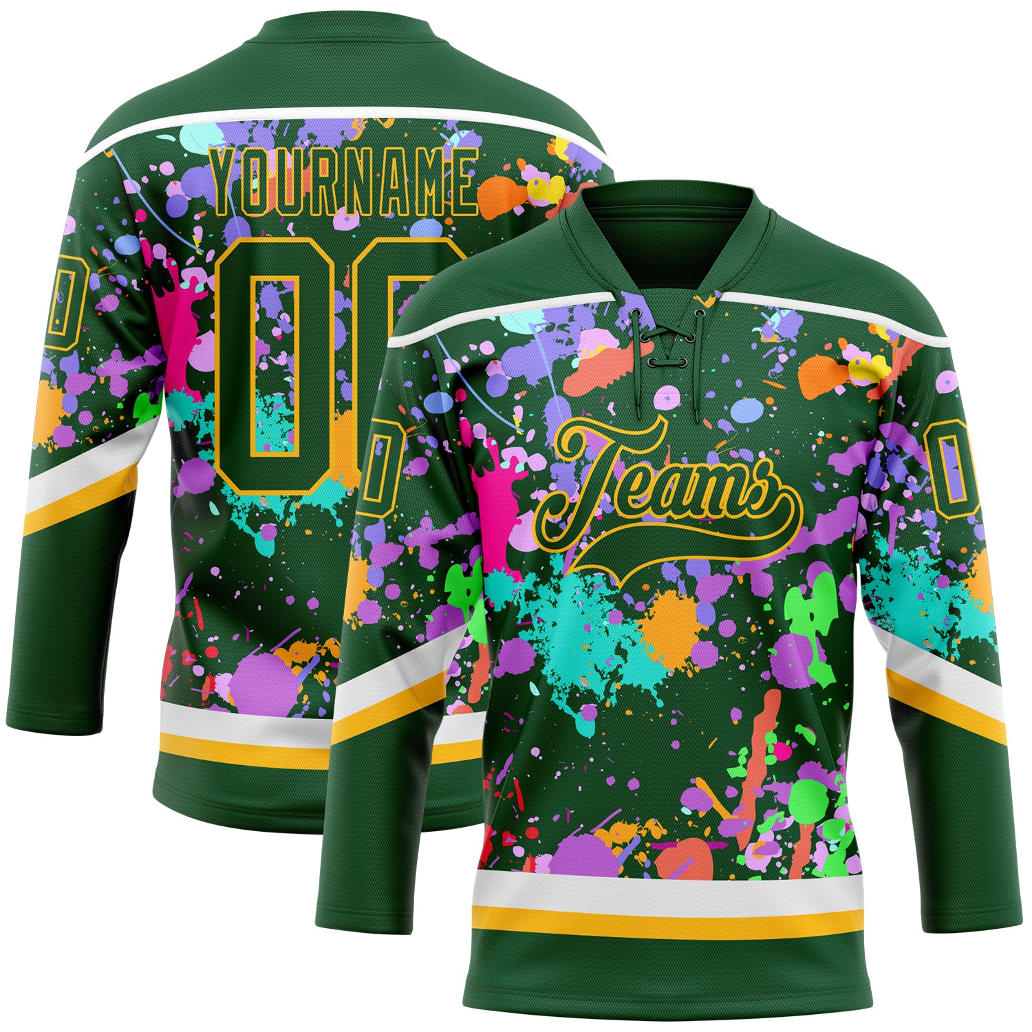 Custom Graffiti Pattern Green Gold-White 3D Pattern Splash Art Hockey Lace Neck Jersey
