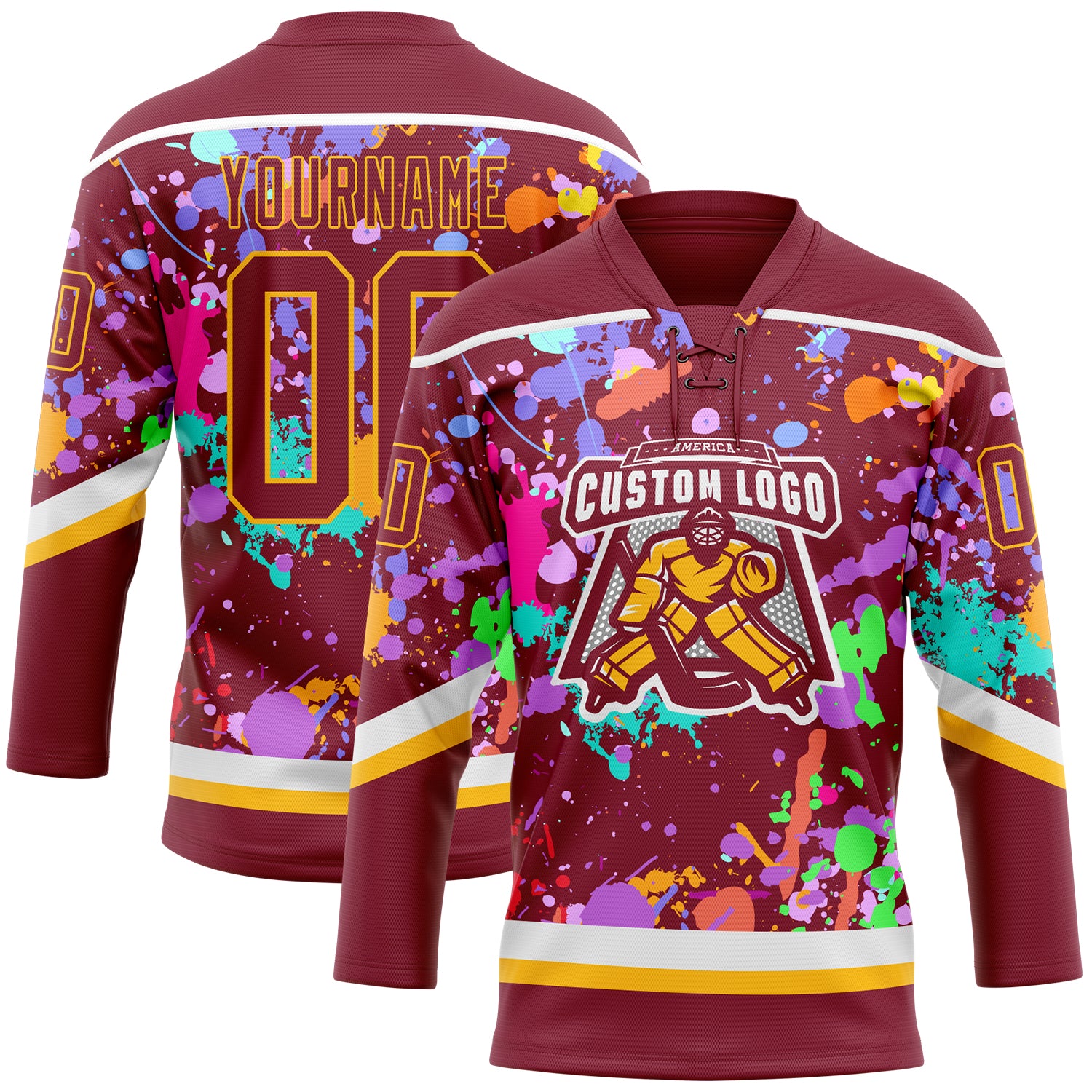 Custom Graffiti Pattern Crimson Gold-White 3D Pattern Splash Art Hockey Lace Neck Jersey