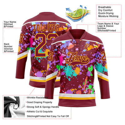Custom Graffiti Pattern Crimson Gold-White 3D Pattern Splash Art Hockey Lace Neck Jersey