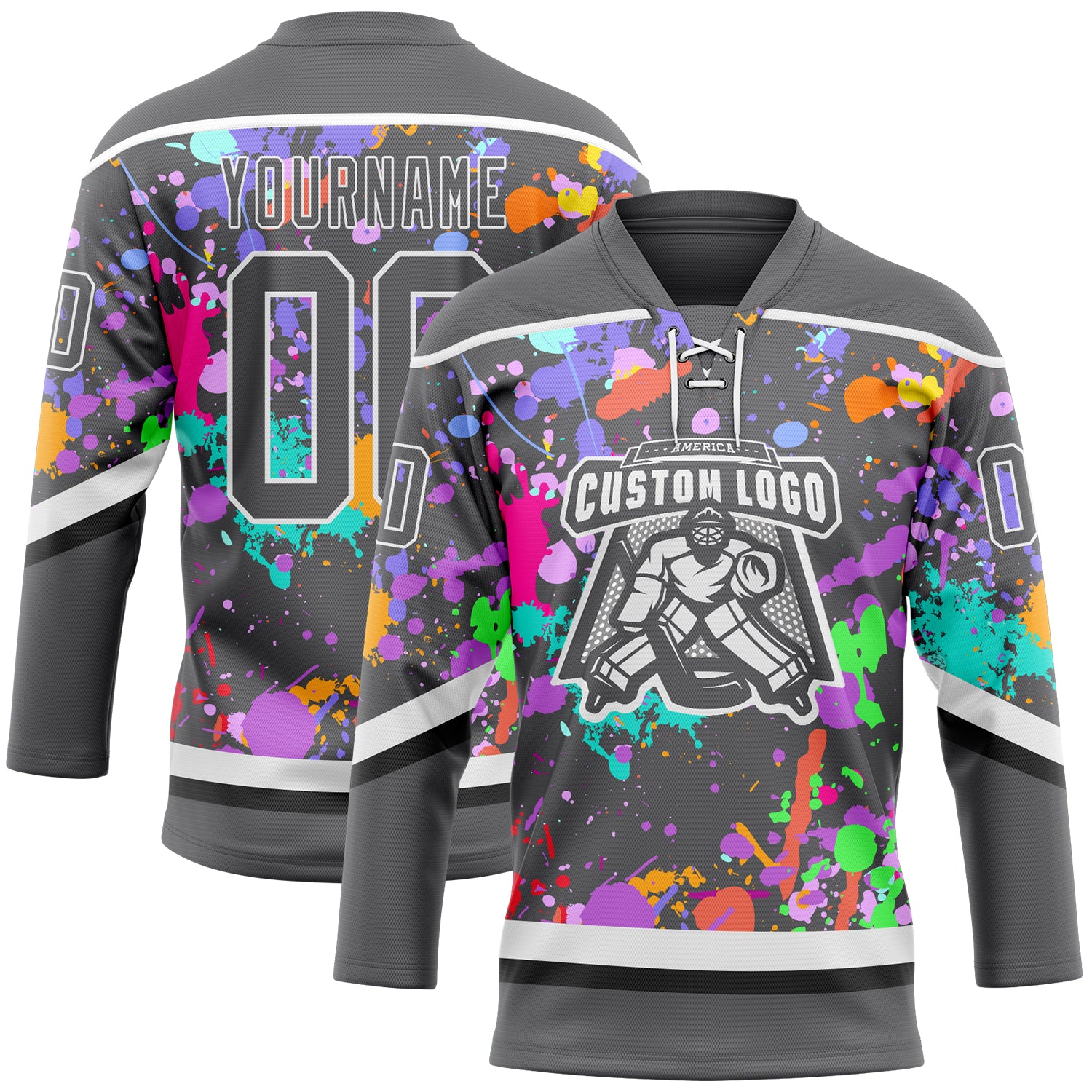 Custom Graffiti Pattern Steel Gray Black-White 3D Pattern Splash Art Hockey Lace Neck Jersey