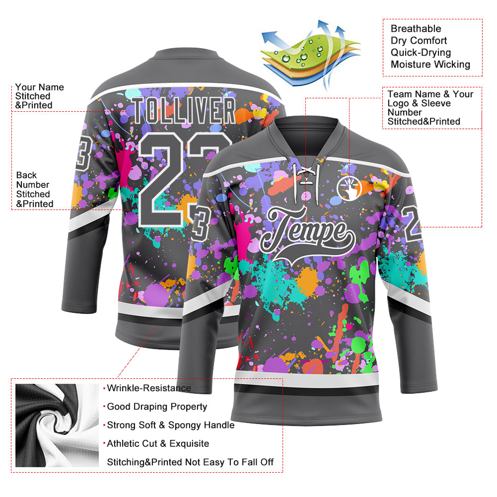 Custom Graffiti Pattern Steel Gray Black-White 3D Pattern Splash Art Hockey Lace Neck Jersey