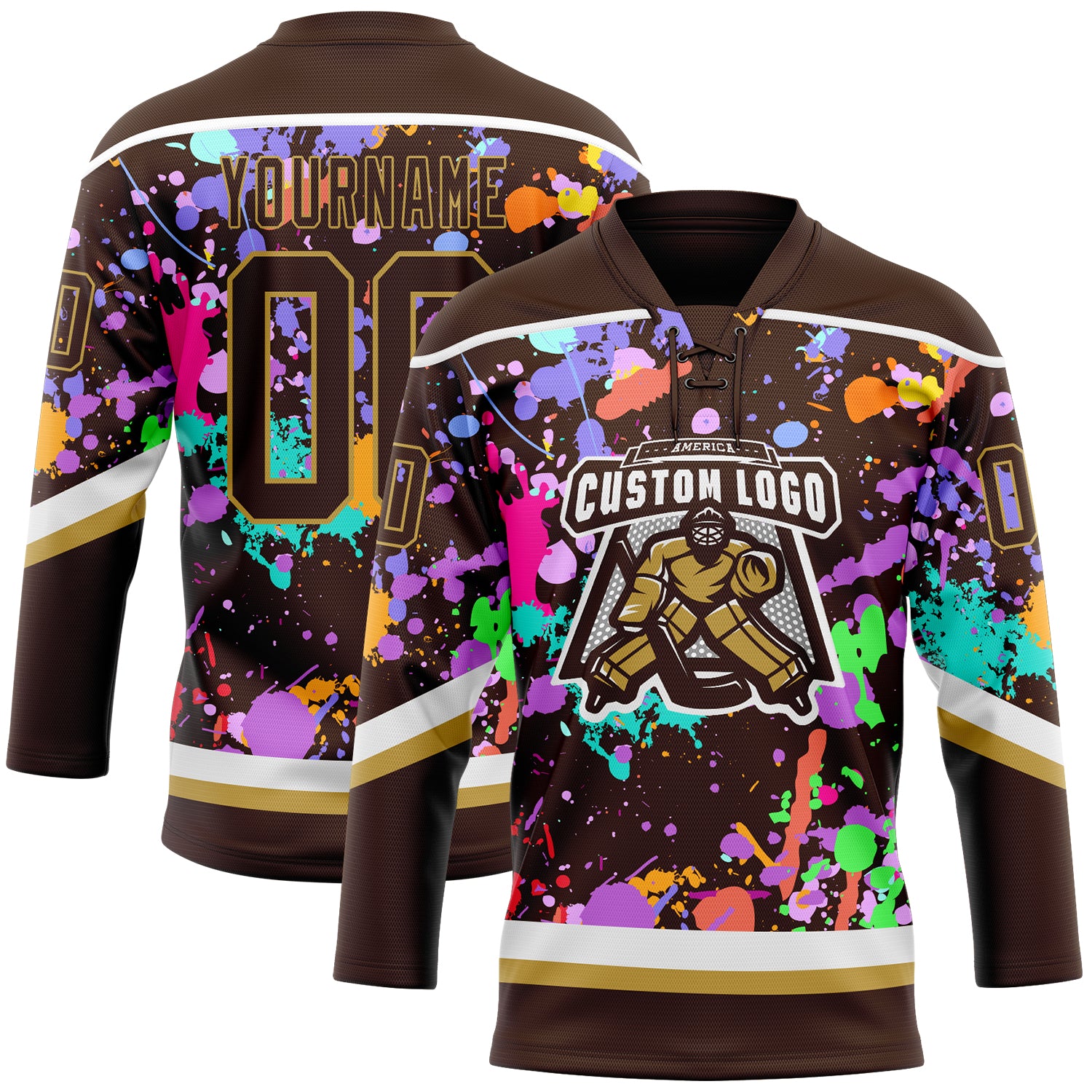 Custom Graffiti Pattern Brown Old Gold-White 3D Pattern Splash Art Hockey Lace Neck Jersey