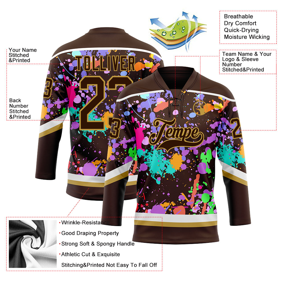 Custom Graffiti Pattern Brown Old Gold-White 3D Pattern Splash Art Hockey Lace Neck Jersey