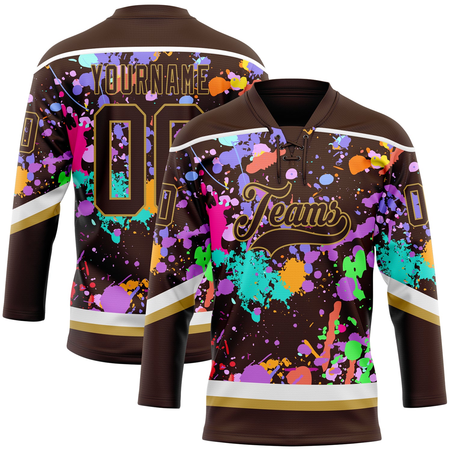Custom Graffiti Pattern Brown Old Gold-White 3D Pattern Splash Art Hockey Lace Neck Jersey