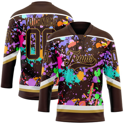 Custom Graffiti Pattern Brown Old Gold-White 3D Pattern Splash Art Hockey Lace Neck Jersey