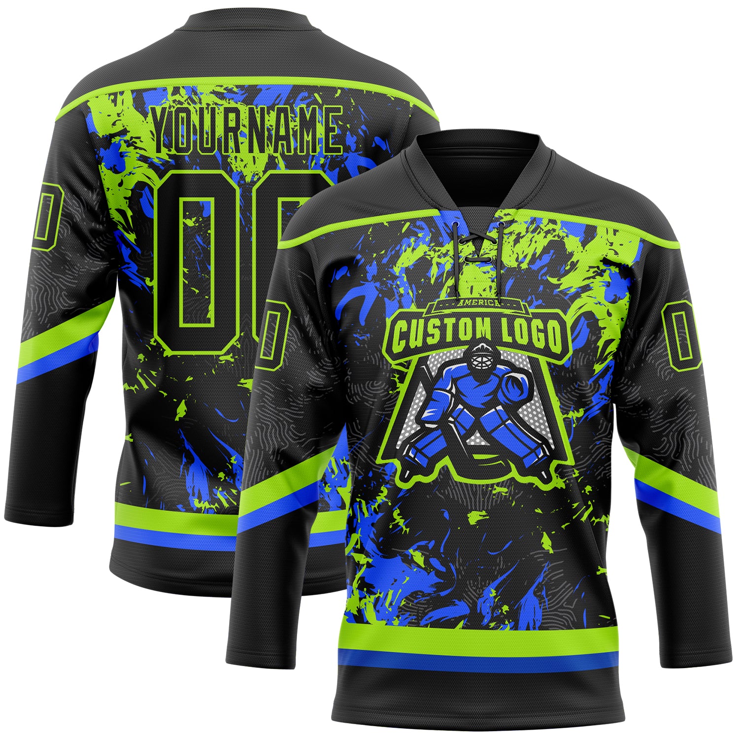 Custom Black Neon Green-Royal 3D Fluid Art Splash Hockey Lace Neck Jersey