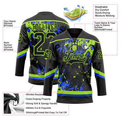 Custom Black Neon Green-Royal 3D Fluid Art Splash Hockey Lace Neck Jersey