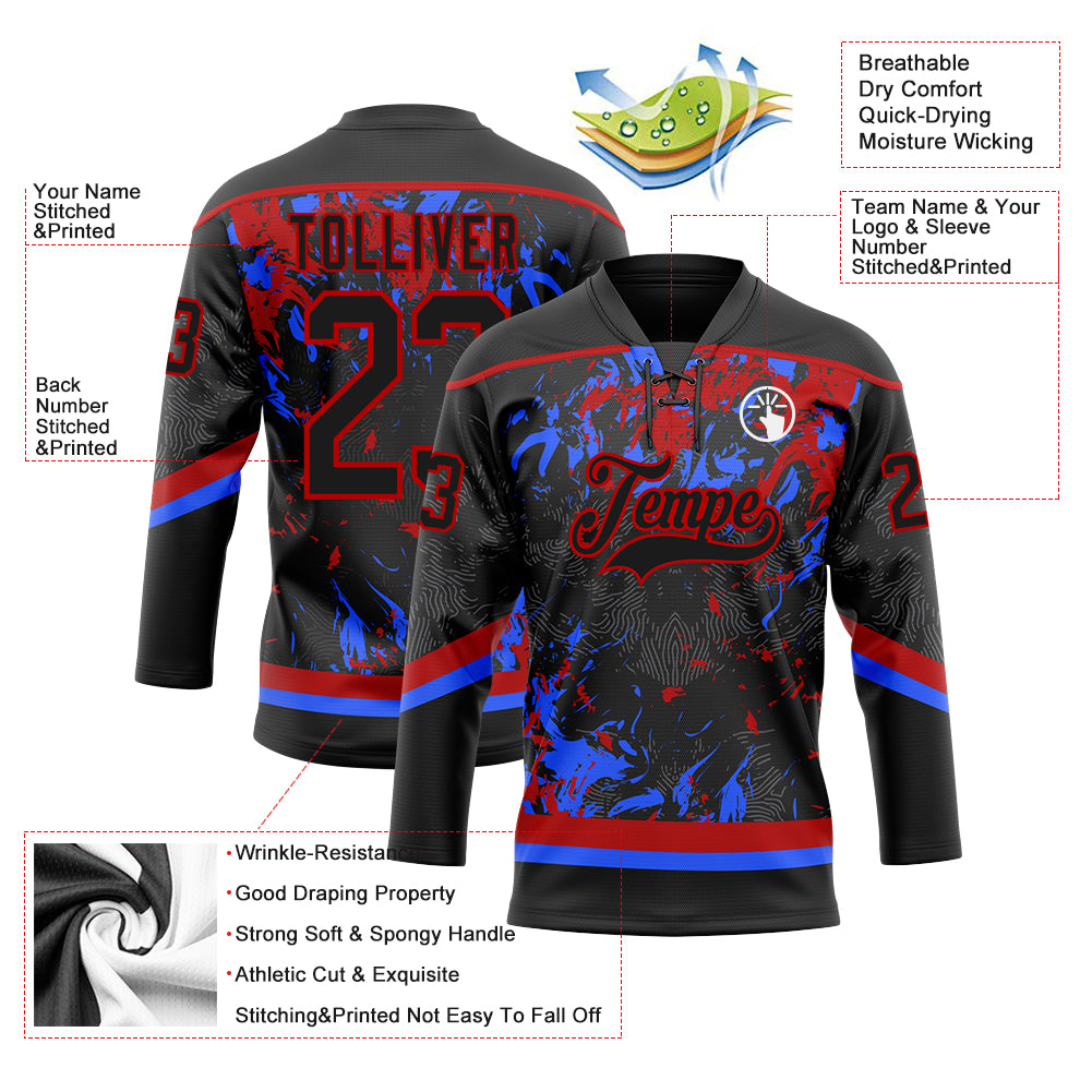 Custom Black Red-Royal 3D Fluid Art Splash Hockey Lace Neck Jersey