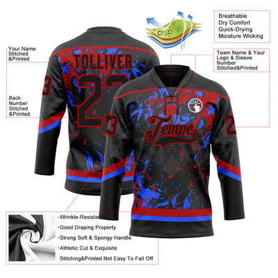 Custom Black Red-Royal 3D Fluid Art Splash Hockey Lace Neck Jersey